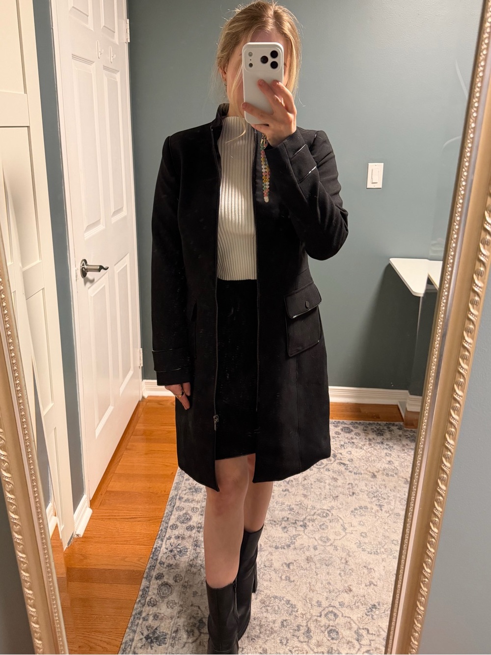 White House Black Market Long Jacket with Leather Accents